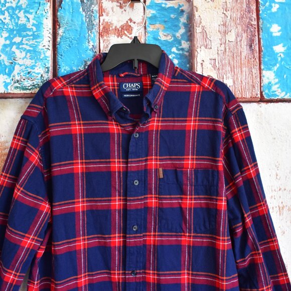 Men's Chaps Performance Button Up Plaid Flannel Shirt Long Sleeve XLARGE Red - Picture 2 of 11
